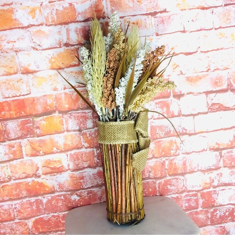 Rustic Faux Dried Floral Wheatgrass Bouquet with Burlap Wrap